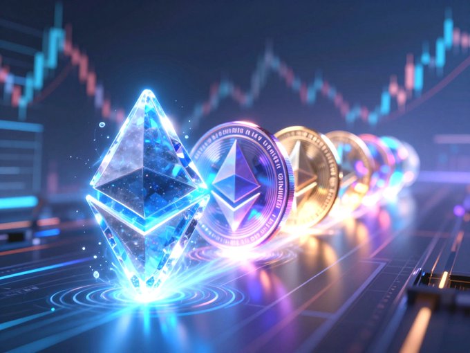 A vibrant 3D render of cryptocurrency coins, prominently featuring Ethereum (ETH) in the foreground alongside other digital tokens, set against a backdrop of financial trading charts and candlestick graphs.