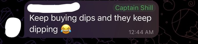 A Discord message screenshot from "Captain Shill" reading "Keep buying dips and they keep dipping 😂" sent at 12:44 AM.