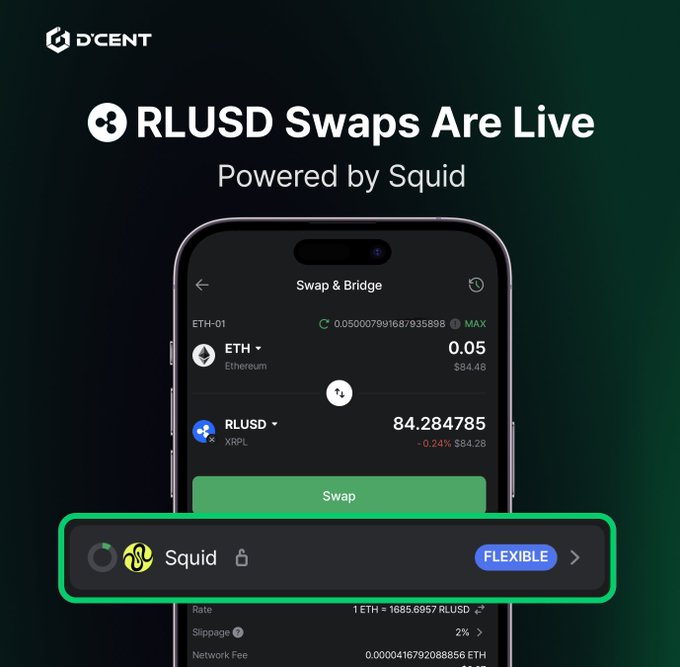 The image shows an iPhone screen with a wallet app called "RLUSD Swaps Are Live" displayed, which allows users to access RLUSD directly from their wallets without needing to use a third-party exchange platform. The wallet app also provides information about the swaps and offers flexibility in terms of accessing different chains for trading.