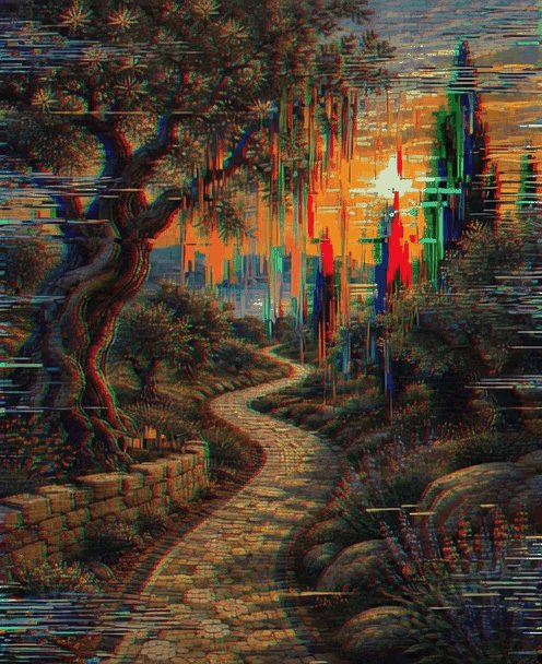 A glitch-art style landscape showing a tree, stone path, and sunset with distorted horizontal lines and chromatic aberration effects.