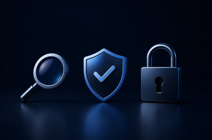 A dark blue 3D-rendered graphic featuring three icons: a magnifying glass, a shield with a checkmark, and a padlock, symbolizing search, verification, and security.
