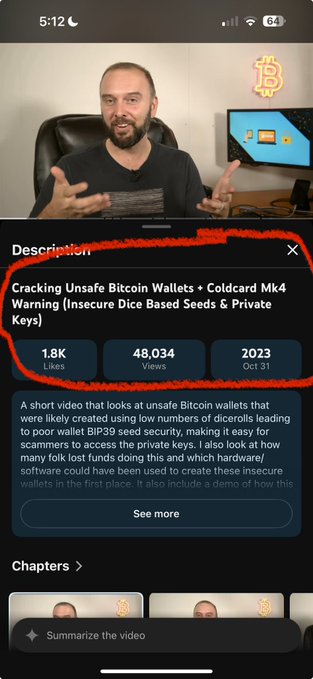 A YouTube video titled "Cracking Unsafe Bitcoin Wallets + Coldcard Mk4 Warning [Insecure Dice Based Seeds & Private Keys]" with 1.8K likes and 48,034 views, featuring a man discussing BIP39 seed security vulnerabilities.