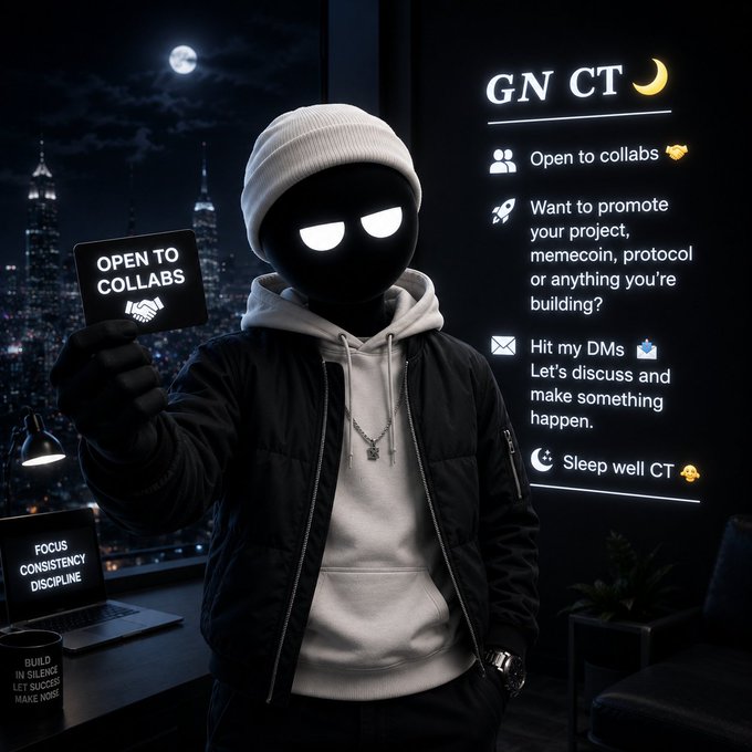 A stylized anonymous figure with glowing eyes wears a white beanie and hoodie, holding a card reading 'OPEN TO COLLABS' against a nighttime city skyline. Text on the right states 'GN CT' along with messages about being open to collabs, promoting projects, and 'Hit my DMs,' plus a 'Sleep well CT' sign-off.