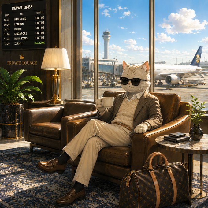 An anthropomorphic white cat wearing sunglasses and a brown suit sits in a leather chair inside a private airport lounge, holding a coffee cup with a Louis Vuitton duffel bag at its feet, a departures board listing flights to New York, London, Dubai, Singapore, Hong Kong, and Zurich visible behind it.