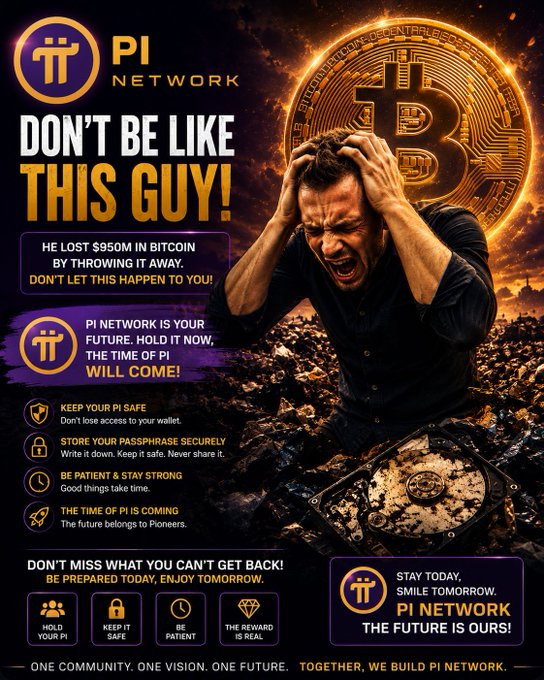 The image is a PI Network promotional poster featuring a distressed man clutching his head in despair beside a glowing Bitcoin coin and buried hard drive, warning "DON'T BE LIKE THIS GUY!" and highlighting that "HE LOST $950M IN BITCOIN BY THROWING IT AWAY."

The poster reinforces the accompanying post's message about digital asset protection, using the cautionary tale of James Howells to urge PI Network members to secure their passphrase, store it safely, and hold their PI, declaring "PI NETWORK — THE FUTURE IS OURS!"