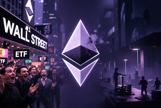 A glowing Ethereum logo hovers above a Wall Street scene with an "ETF" sign, where excited traders cheer on one side while shadowy figures retreat on the other—visually contrasting market optimism against concerns about Ethereum's core development funding pressures highlighted in the post.