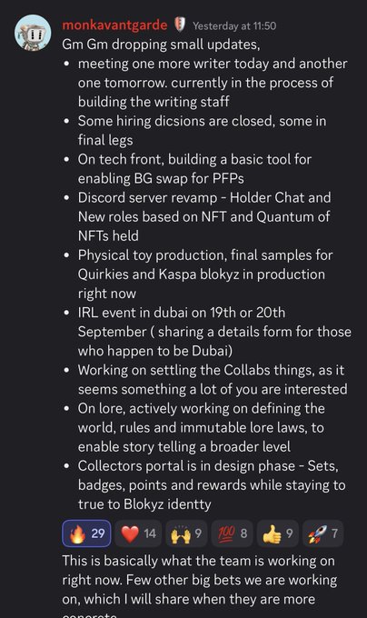 A Discord message from monkavantgarde dated 'Yesterday at 11:50' listing various game development updates for Gm Gm, including writing staff hiring, tech development, IRL events in Dubai, and lore work.