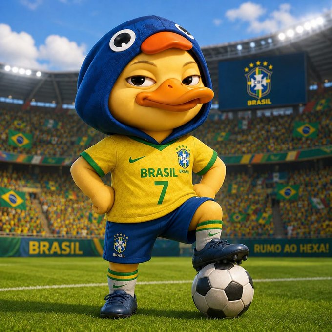 A cartoon duck mascot wearing a Brazil national team jersey with the number 7 stands confidently on a soccer field, resting one foot on a ball, with a stadium background displaying "BRASIL" and "RUMO AO HEXA!" banners. While the image has no direct connection to the post's text about Wallchain's ecosystem growth, the mascot's bold, ready-for-action pose may loosely symbolize being an early supporter stepping onto the field of a new opportunity.