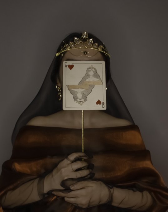 An artistic portrait of a woman wearing a dark veil and ornate gold crown, holding a playing card (Queen of Hearts) on a stick that obscures her face, dressed in a bronze-colored garment against a dark background.