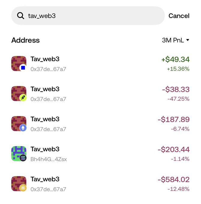 A search results screen for 'tav_web3' displaying five addresses with profit and loss (PnL) figures ranging from +$49.34 to -$584.02 over a 3-month period.