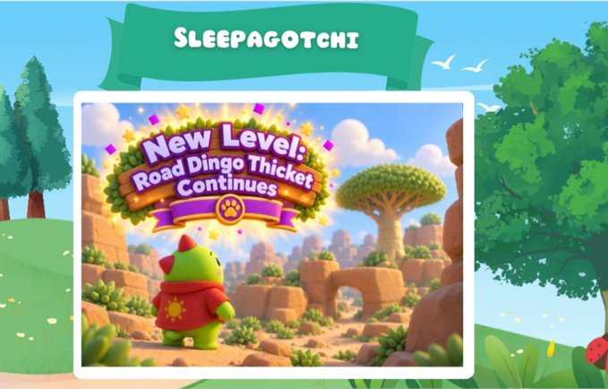 A cartoon game screen titled 'SLEEPAGOTCHI' announces 'New Level: Road Dingo Thicket Continues' with a green character in a red hoodie standing in a rocky landscape.