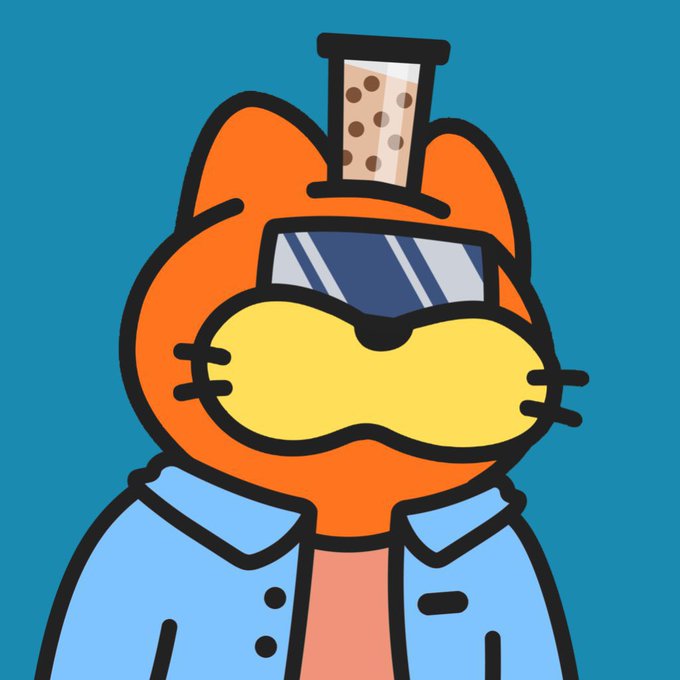 An illustration of an orange Garfield-style cat wearing blue sunglasses and a lab coat with what appears to be a vial or test tube on its head.