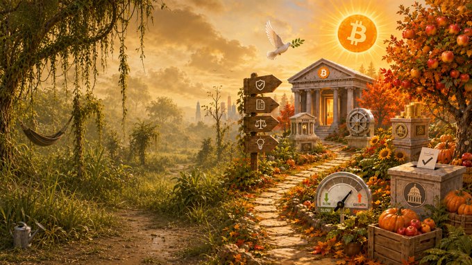 A serene late-summer landscape transitions into autumn with a Bitcoin "B" sun shining over a classical temple, surrounded by a signpost with Bitcoin symbols, a "CLARITY" tagged box, and a speedometer reading "0.00," symbolizing the calm market before the fall's anticipated regulatory and adoption-driven growth.