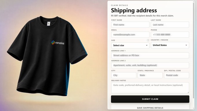 A black t-shirt featuring the "rendiss" logo is displayed alongside a "Shipping address" form for a merchandise claim, where users can submit details like first name, last name, email, phone, size, country/region, and address to claim their item. The image illustrates the final step of the community perks program mentioned in the post, where active users with 60 SBTs can claim apparel, with a helpful note that sizing down is recommended for a better fit.