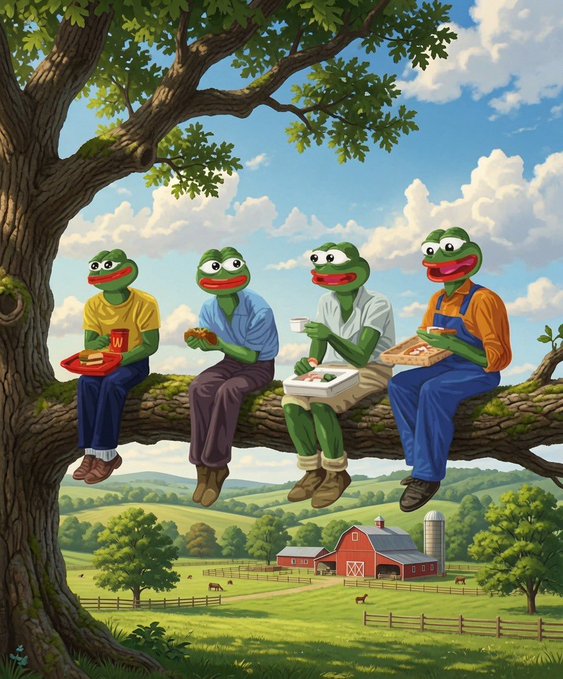 Whimsical illustration of four green anthropomorphic frogs in various outfits sitting on a tree branch eating food, overlooking a pastoral farm landscape.