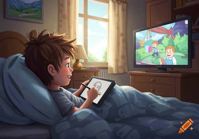 The image features a young boy lying down in bed with a tablet computer open in front of him, drawing a cartoon character. The cartoon character appears to be a fish swimming upwards along an upward-curling path. The scene takes place against a backdrop of a television screen displaying a cartoon show or movie.
