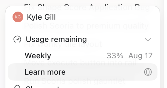 A UI popup for user 'Kyle Gill' showing 'Usage remaining' at 33% as of Aug 17, with a 'Learn more' link and a partially visible task list about fixing a Score Application bug.