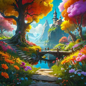A vibrant digital fantasy artwork depicting a colorful, whimsical landscape with a wooden bridge crossing a stream, leading toward a castle on a hill surrounded by brightly colored trees and flowers.