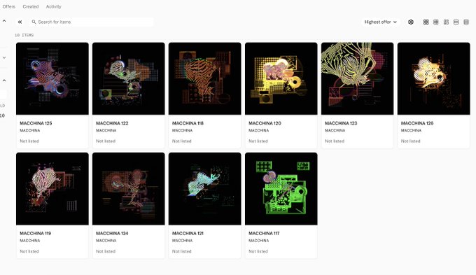 A screenshot of an NFT marketplace displaying a collection titled 'MACCHINA' with 10 items, featuring various skeletal and robotic digital art pieces on black backgrounds, each labeled 'Not listed.'