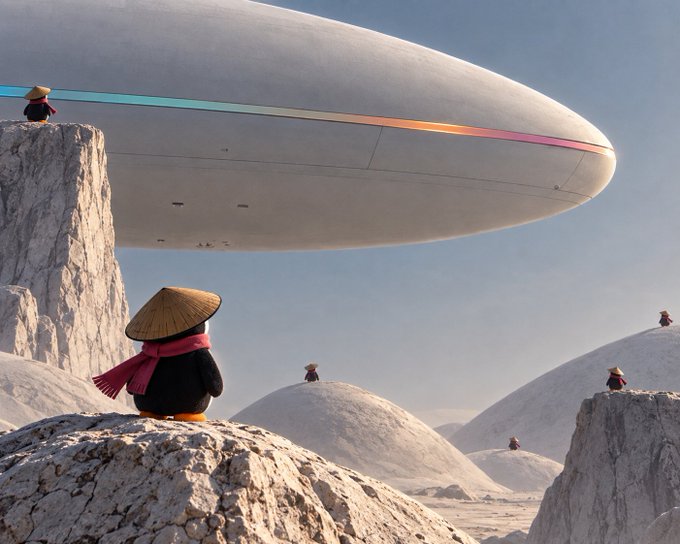 A whimsical scene showing small penguins wearing conical hats and scarves standing on rocky, snow-covered terrain as a large futuristic spacecraft hovers overhead.