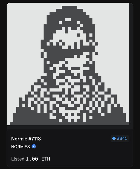 A pixel art NFT listing for 'Normie #7113' from the NORMIES collection, listed at 1.00 ETH, shown as #841.