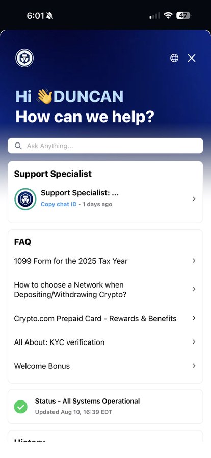A mobile screenshot of the Crypto.com support help center, displaying a greeting "Hi 👋 DUNCAN, How can we help?" with FAQ sections and a Support Specialist chat option. The image appears to be shared by a user defending Crypto.com against accusations from "Duncan," showing the platform's official support interface as evidence of legitimate operations.