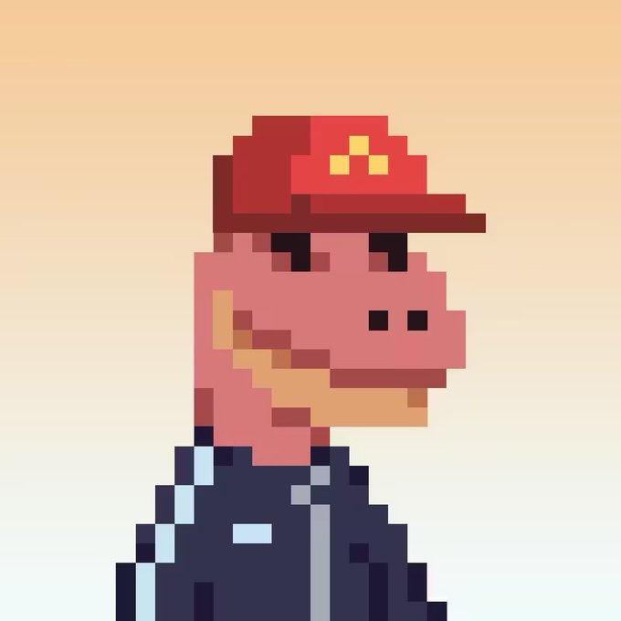 A pixel art portrait of a character with a pink complexion wearing a red cap with a yellow star and a dark jacket, set against an orange gradient background.