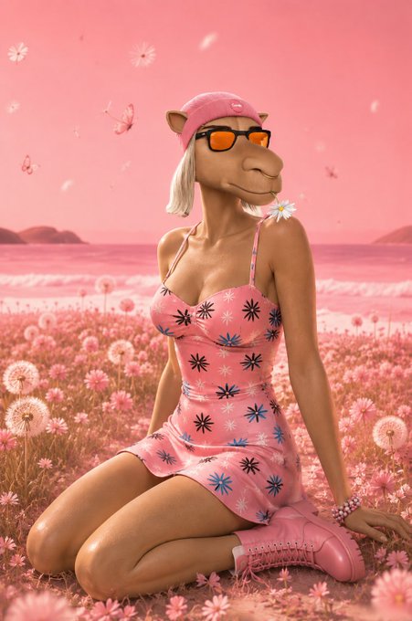 An AI-generated illustration features a camel-like anthropomorphic figure wearing a pink floral sundress, pink boots, orange sunglasses, and a pink cap, kneeling in a pink flower field with a pink beach background.
