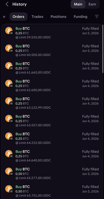 The image shows a phone screen displaying a list of Bitcoin transactions. The transactions include various amounts of Bitcoins being bought or sold at different levels, ranging from 0.26 to 0.69 Bitcoins. The text on the screen reads "scared money don't make money, buying $btc at every level." This message emphasizes that investing in Bitcoin can be risky and may not always result in financial gains, as it is important to carefully consider the transactions and their potential outcomes before making any investment decisions.