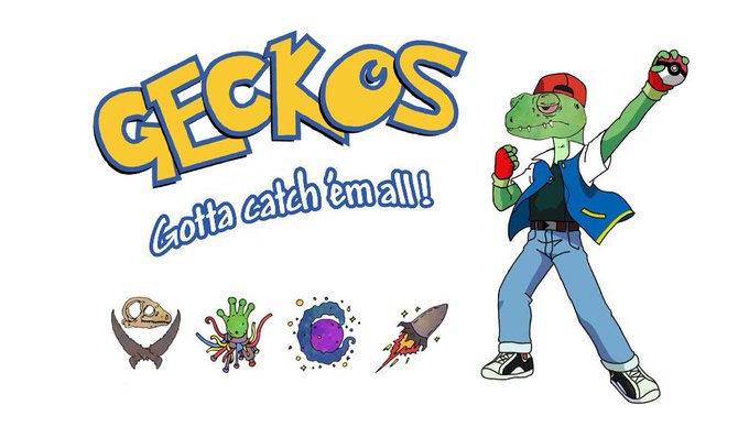 A logo illustration reading 'GECKOS Gotta catch 'em all!!' featuring a cartoon frog character holding a Pokéball alongside colorful abstract icons.