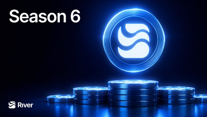 A promotional graphic with "Season 6" text alongside the River logo and stacks of glowing blue crypto-style coins on a dark background.