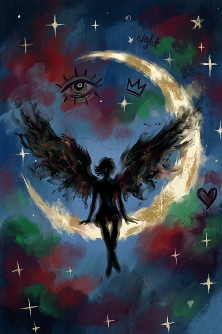 A dark silhouette of a winged figure floats within a glowing golden crescent moon against a starry blue and red cosmic background, accompanied by drawings of an eye, a crown, and the word "night".