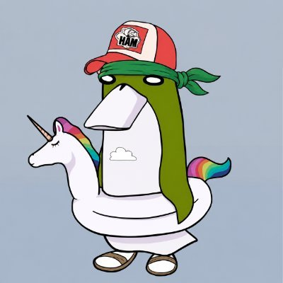A cartoon character wearing a red and white "HAM" trucker hat rides a rainbow-maned unicorn on an inflatable float, blending meme culture with crypto optimism to humorously illustrate the post's claim that on-chain activity has nearly 10x'd, signaling a major bull market.