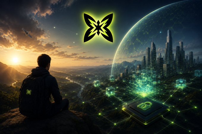 A digital artwork showing a person sitting on a cliff overlooking a futuristic city with glowing green data cubes and networks, with a satellite in the sky and a glowing yellow butterfly-shaped logo above.