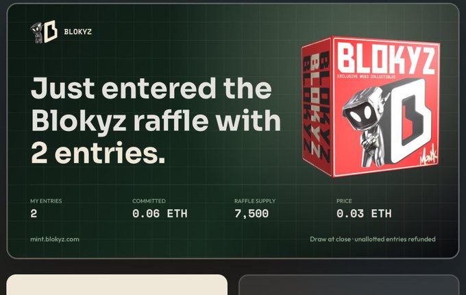 A Bloxyz raffle entry confirmation screen showing '2 entries' committed at 0.06 ETH, with raffle supply of 7,500 at 0.03 ETH each, displayed next to a Bloxyz character collectible box.