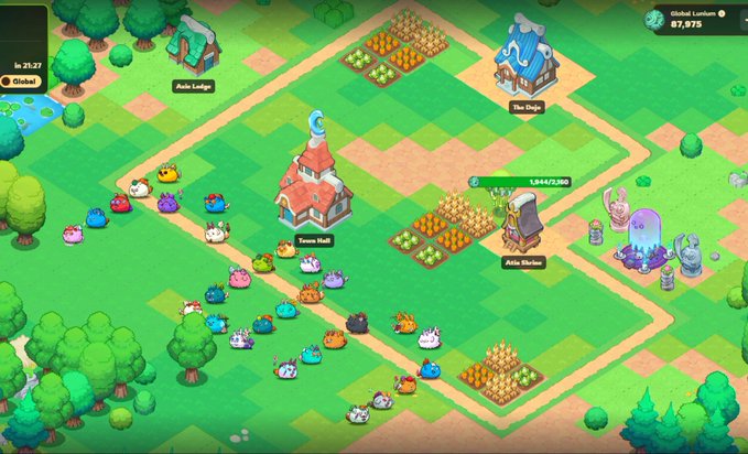 A screenshot from a mobile/idle game showing colorful blob-like creatures on a green farm map with buildings labeled "Aela Lodge," "Town Hall," "The Dugn," and "Aela Shrine," with Global Lulum 87,975 in the corner.