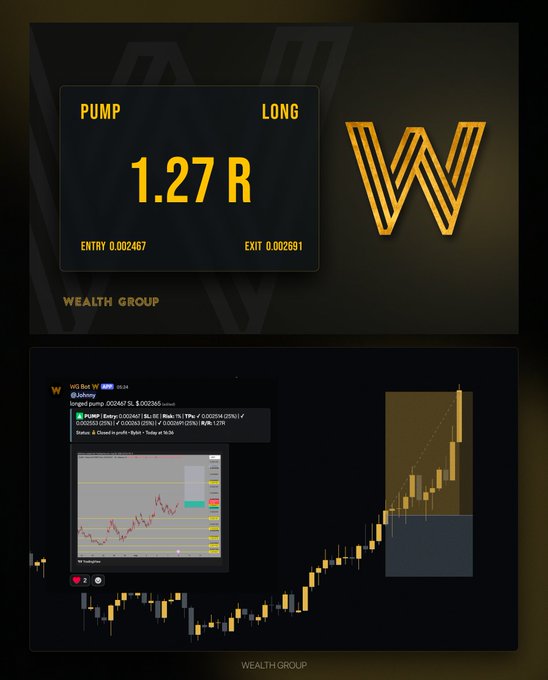 This image displays a successful $PUMP long trade by @CryptoGodJohn within @WealthGroup, showing an entry price of 0.002467 and a realized profit of 1.27R, with a corresponding chart illustrating the upward price movement.