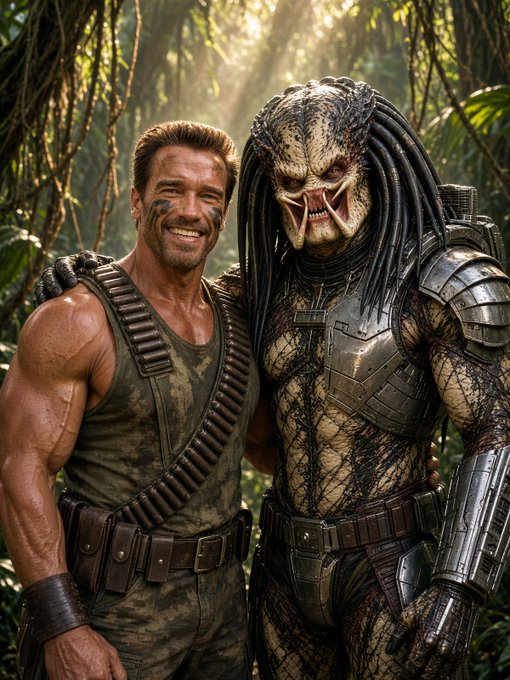 Arnold Schwarzenegger in a camo tank top stands smiling alongside a Predator in jungle armor.