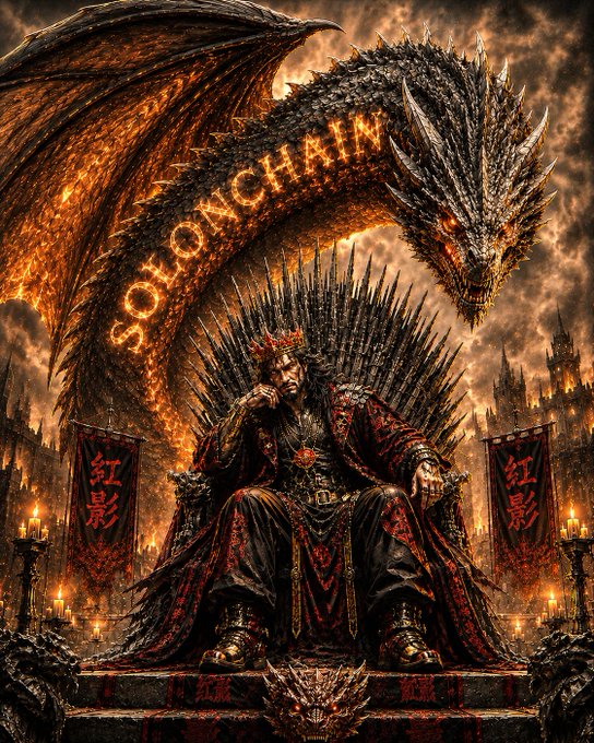The image features a man sitting on a throne with a dragon behind him. The dragon has its wings spread wide open, revealing its fiery red body against the dark background. The man appears to be seated on a throne or chair, possibly a throne of power or authority. In the corner of the image, there is text that reads "Can I get a GM? Awaken Sol legends. The dragon stirs from its vaulted slumber, wings of pure SOL unfurling under the moon. No longer chained by doubt or shadow, it rises, fierce, unyielding, community-forged." This suggests that the man is in a position of power and influence, possibly as a king or ruler, while the dragon symbolizes strength and might. The image seems to be related to the post "Can I get a GM? Awaken Sol legends. The dragon stirs from its vaulted slumber, wings of pure SOL unfurling under the moon. No longer chained by doubt or shadow, it rises, fierce, unyielding, community-forged."