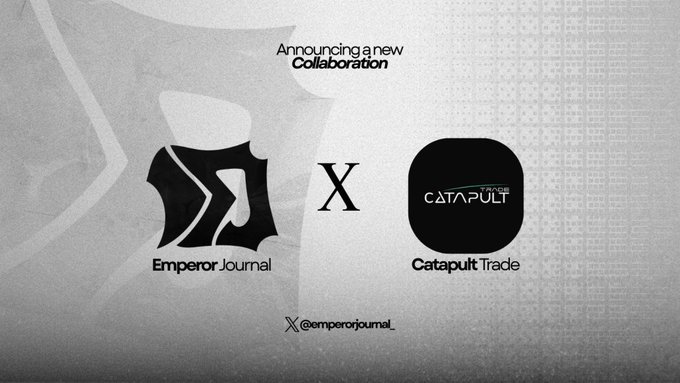 A grayscale announcement graphic featuring the text "Announcing a new Collaboration" between Emperor Journal and Catapult Trade, with the X social media handle "@emperorjournal_" at the bottom. The image visually supports the post's excitement about a partnership bringing 4,444 "Snurps" characters from Catapult Trade's extreme-sports brand onchain ahead of the $PULT TGE.