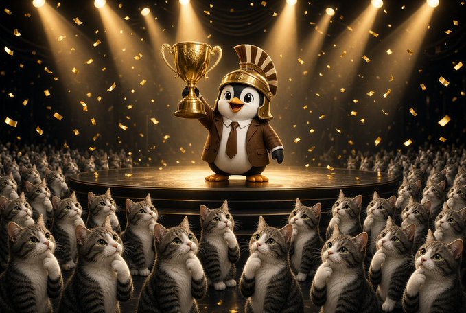 An AI-generated image of a penguin in a suit and Roman helmet holding a gold trophy, surrounded by a cheering crowd of cats under spotlights.