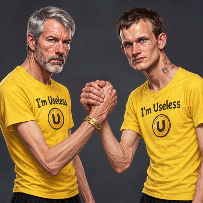 Two muscular men arm-wrestle while wearing matching yellow t-shirts that read "I'm Useless U," playing on the phrase "look closer" by inviting viewers to focus on the visual pun rather than the bold text printed on their shirts.