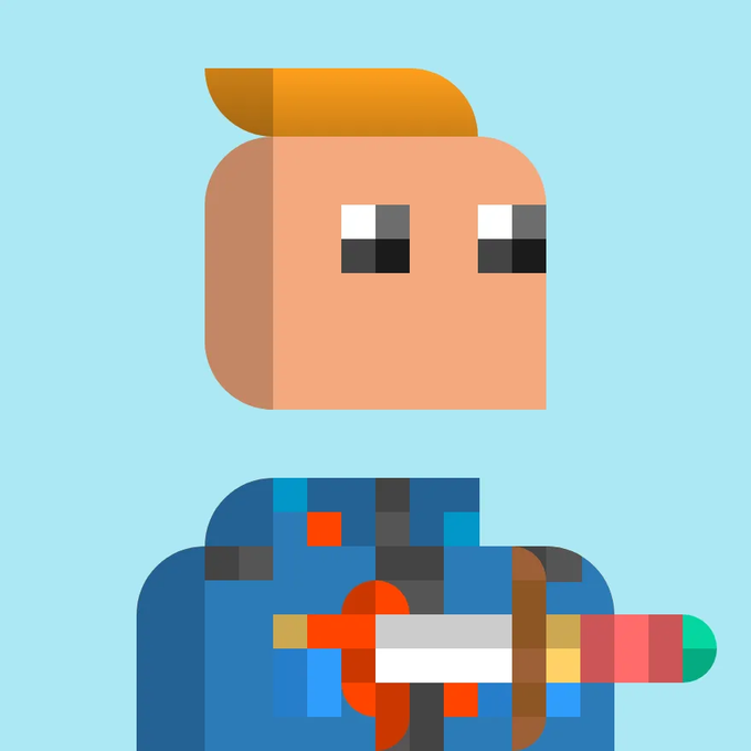 Minimalist pixel-art style character with orange hair and a blue patterned shirt holding what appears to be a colorful sword or pixelated object, set against a light blue background.