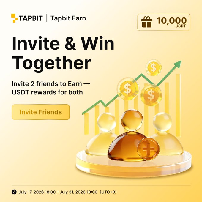 A yellow promotional graphic for 'TAPBIT | Tapbit Earn' advertising an 'Invite & Win Together' referral campaign offering up to 10,000 USDT, running from July 17 to July 31, 2026 (UTC+8).