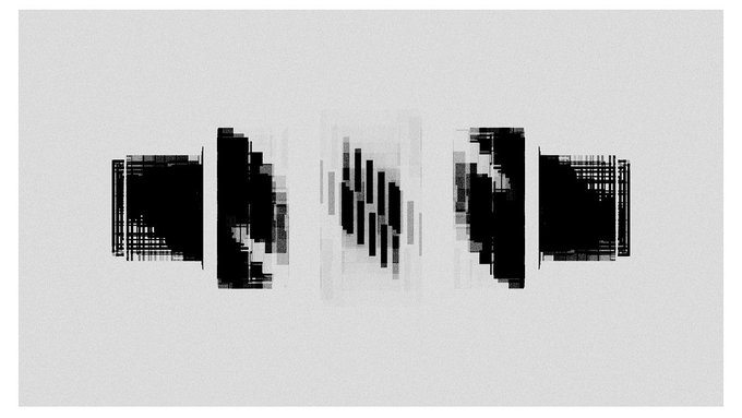 An abstract glitch-style digital artwork displaying fragmented black vertical blocks on a white background.