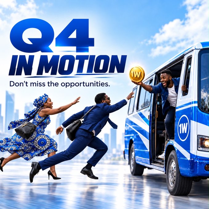 A vibrant promotional image titled 'Q4 IN MOTION' with the tagline 'Don't miss the opportunities,' showing three people running toward a blue van marked '1W' while one holds up a gold '1W' coin.