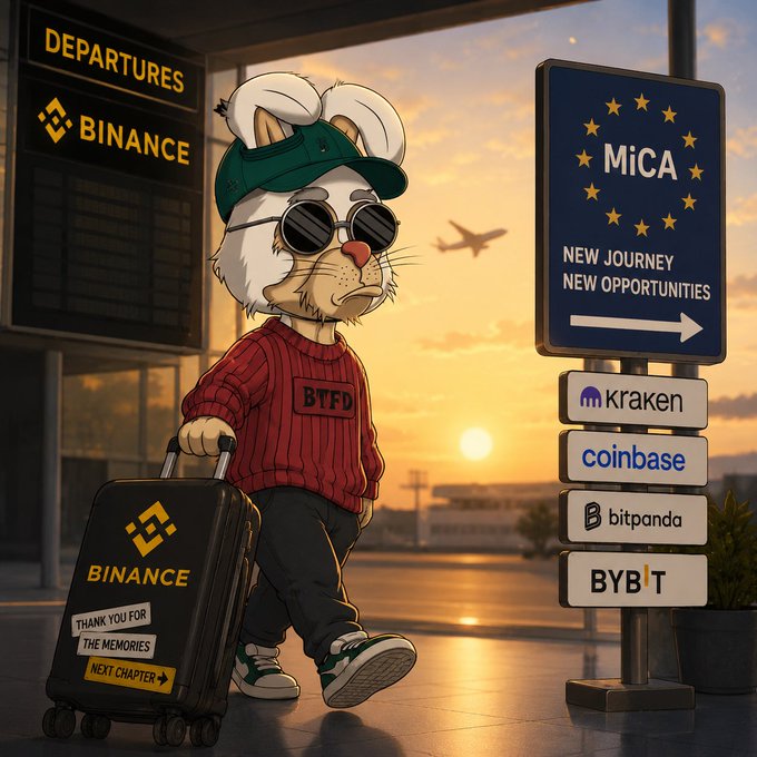 A cartoon rabbit wearing sunglasses, a "BTFD" sweater, and a green visor pulls a "BINANCE" suitcase tagged "THANK YOU FOR THE MEMORIES, NEXT CHAPTER" through an airport departures terminal, standing between a "DEPARTURES BINANCE" board and a "MiCA NEW JOURNEY NEW OPPORTUNITIES" sign listing alternative exchanges (Kraken, Coinbase, Bitpanda, Bybit). The image visually captures the post's sentiment of an EU trader reluctantly leaving Binance for MiCA-compliant alternatives.