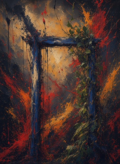 An abstract expressionist painting featuring a blue doorframe or portal surrounded by chaotic splashes of red, orange, and yellow paint, with green vines growing up one side.