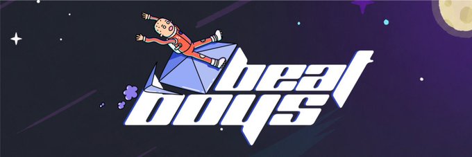 The image shows a graphic of a cartoon boy sitting inside an envelope, flying through space with the words "beat boys" written above him. Below this title, there are two options for viewers: "10GTD & 10 FCFS Spots Giveaway Supply: Â3333 Mint price: ETH Chain: THX TO ENTER: Follow me @beatboyseth ... & Like + RT this post & drop your address winners will be announced in 12 hours.". The image focuses on the main content of the post, emphasizing the details and instructions for the followers to access the giveaway.