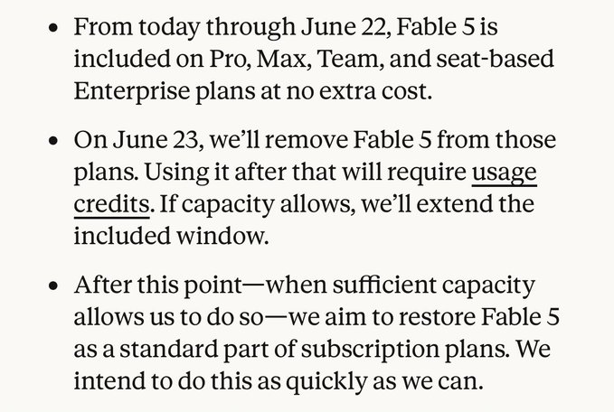 The image shows a white background with black text, which reads "From today through June 22, Fable 5 is included on Pro, Max, Team, and seat-based Enterprise plans at no extra cost." The text also mentions that after this point, sufficient capacity will be restored to Fable 5.